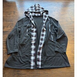 SHEIN Black Hooded Plaid Flannel Open Front Cardigan Jacket Cozy Casual Plus 2X